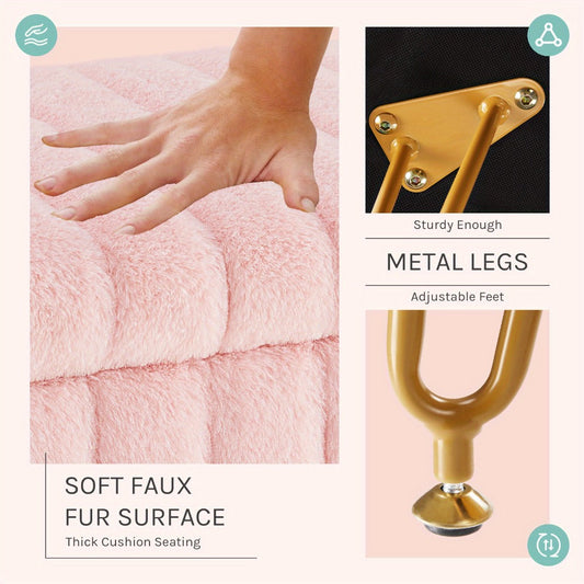 Faux Fur Storage Ottoman Stool – Soft Furry Vanity Seat with Storage, 4 Metal Legs & Non-Slip Feet – Cute Modern Multi-Function Chair for Bedroom, Vanity & Living Room