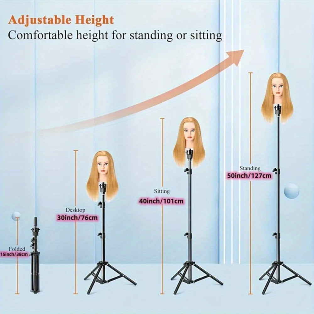 Adjustable Wig Stand Tripod 360 Rotation Aluminum Alloy Height Adjustable to 50 Inch Foldable Portable Mannequin Head Stand for Styling Cosmetology Hairdressing Training Home Salon