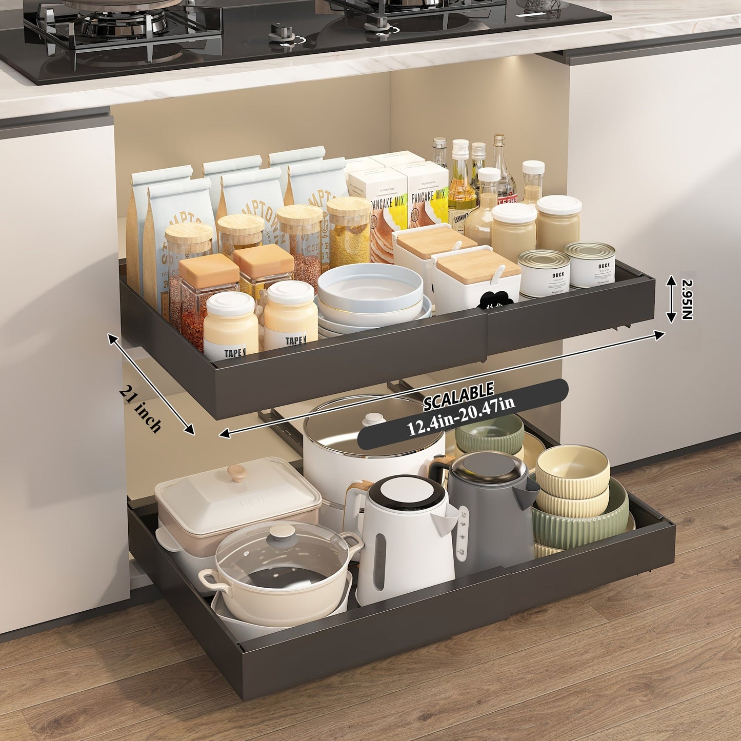 Expandable Pull-Out Cabinet Shelf with Adjustable Width, 16.5- or 21-Inch Depths and Black or White Pack Options