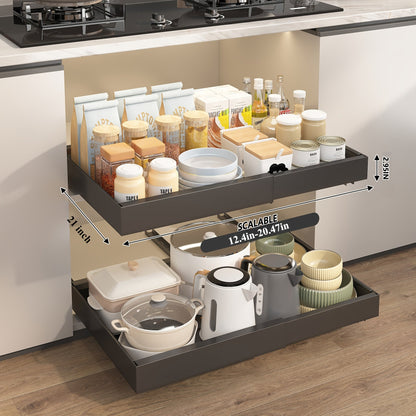 Expandable Pull-Out Cabinet Shelf with Adjustable Width, 16.5- or 21-Inch Depths and Black or White Pack Options