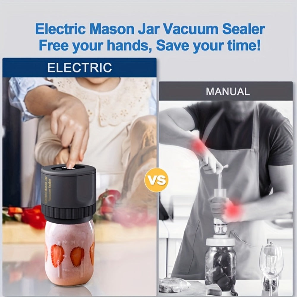 Electric Mason Jar Vacuum Sealer Kit with Regular- and Wide-Mouth Adapters, Lid Accessories and Charging Cable