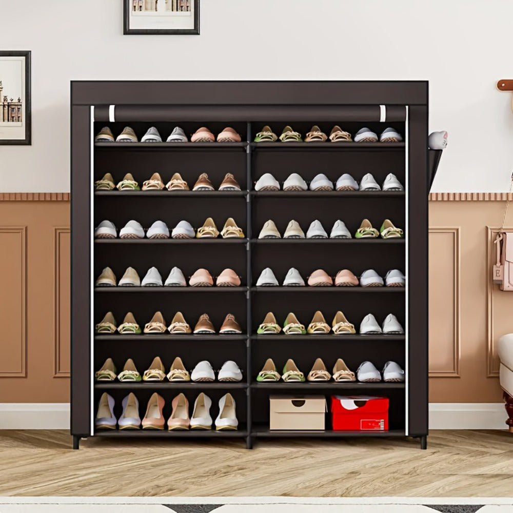 Shoe Rack 9-Tier Portable Double-Row Organizer for Up to 42 Pairs with Black Nonwoven Fabric Cover
