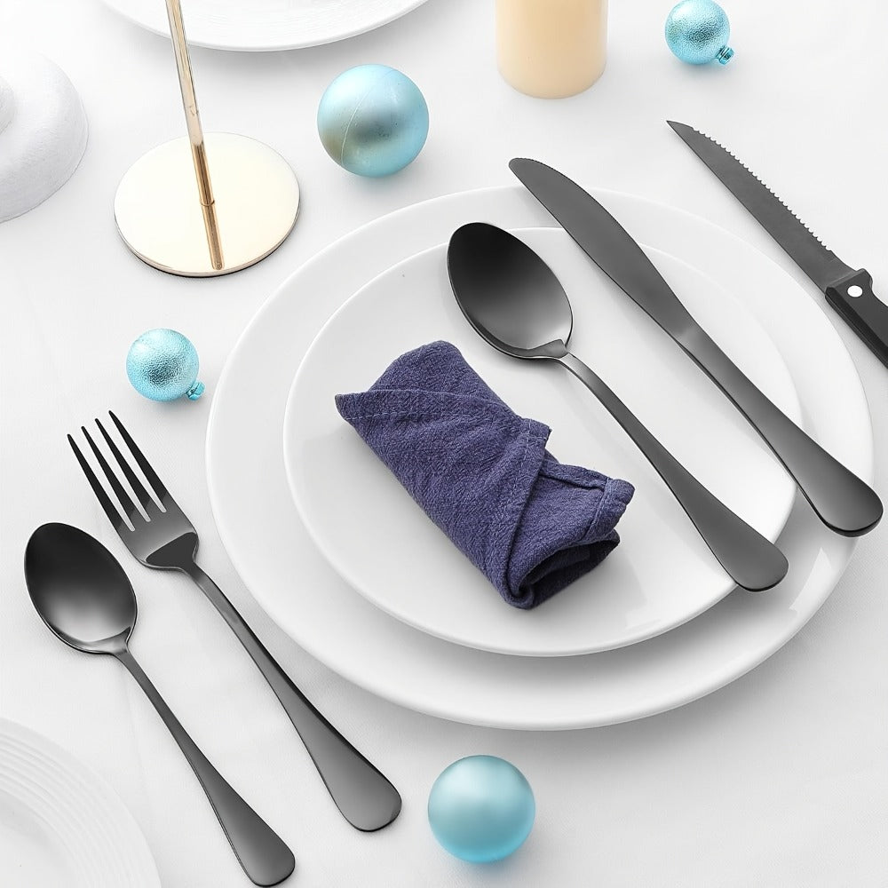 Stainless Steel Flatware Set with Steak Knives – 24/48 Piece Silverware Set Service for 4 or 8, Mirror Polished Cutlery, Dishwasher Safe, Silver & Black