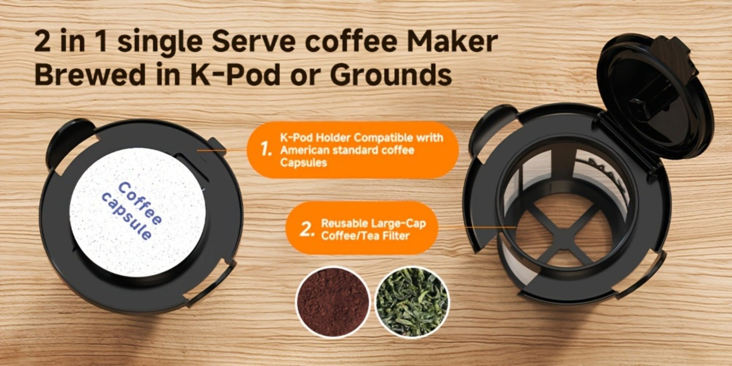 Compact Single-Serve Coffee Maker for Pods or Grounds with One-Button Control and Black or White Finish