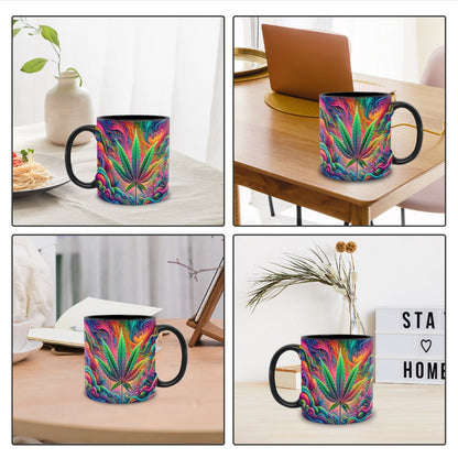 11oz Ceramic Coffee Mug with Psychedelic Leaf Print, Black Interior and Coordinating Black Handle