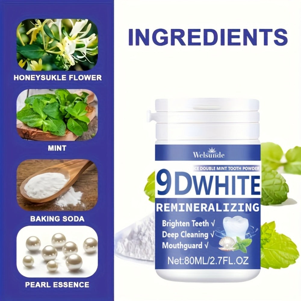 Teeth Whitening Tooth Powder 3-Pack – 9D White Deep Cleaning Dental Powder with Fresh Mint Flavor, 80ml Each, Removes Stains, Freshens Breath, Travel-Friendly Daily Dentifrice for Women and Men