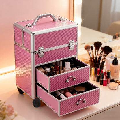 Multi-Level Makeup Train Case with Locking Latches, Extendable Trays and Four Exact Size Checkout Options