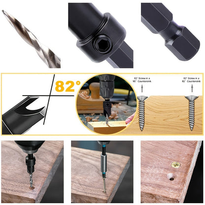 5pcs Countersink Drill Bit Set #4 #6 #8 #10 #12 Tapered with 1/4" Hex Shank Quick-Change – Adjustable Wood Counter Sinker Bits with Allen Wrench for Woodworking