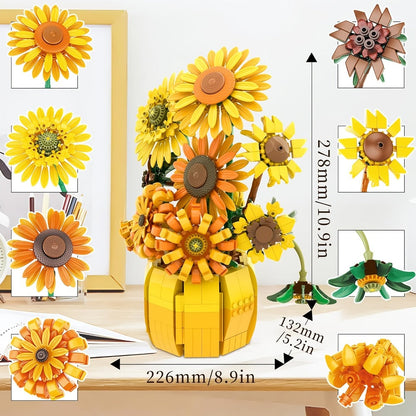 Sunflower Bouquet Building Blocks Set with 1009-Piece Checkout Label, Adjustable Petals and Yellow Vase Display
