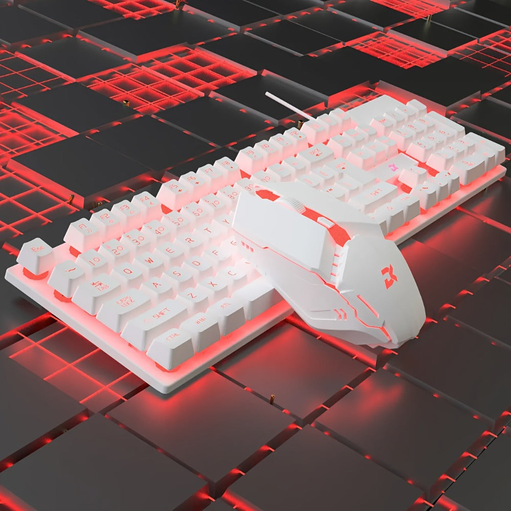 White Wired Keyboard and Mouse Set with Floating Keycaps, Volume Roller and Multiple Backlight Effects
