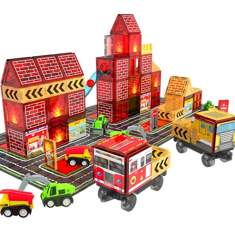 Magnetic Tiles 56-Piece Fire Station Building Set with Road Panels, Crane, Ramps and Vehicle Pieces