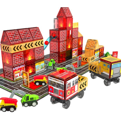 Magnetic Tiles 56-Piece Fire Station Building Set with Road Panels, Crane, Ramps and Vehicle Pieces