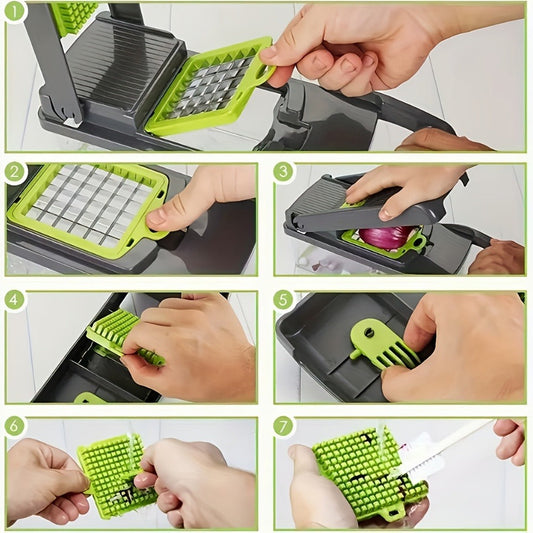 16-in-1 Vegetable Chopper Set with 8 Interchangeable Blades, Manual Food Chopper with Container, Peeler & Filter for Onion, Garlic, Carrot – Kitchen Prep Tool