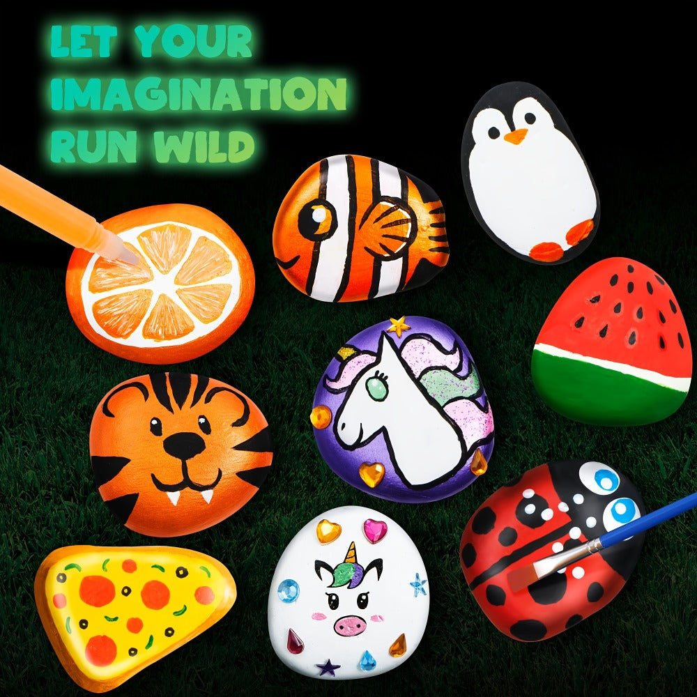 Rock Painting Kit for Kids Glow in the Dark – 10 Rocks Metallic & Glow Paints Gems Glitter Brushes Stickers All-in-One Craft Set for Boys Girls Ages 6+ Birthday Easter Christmas Gift