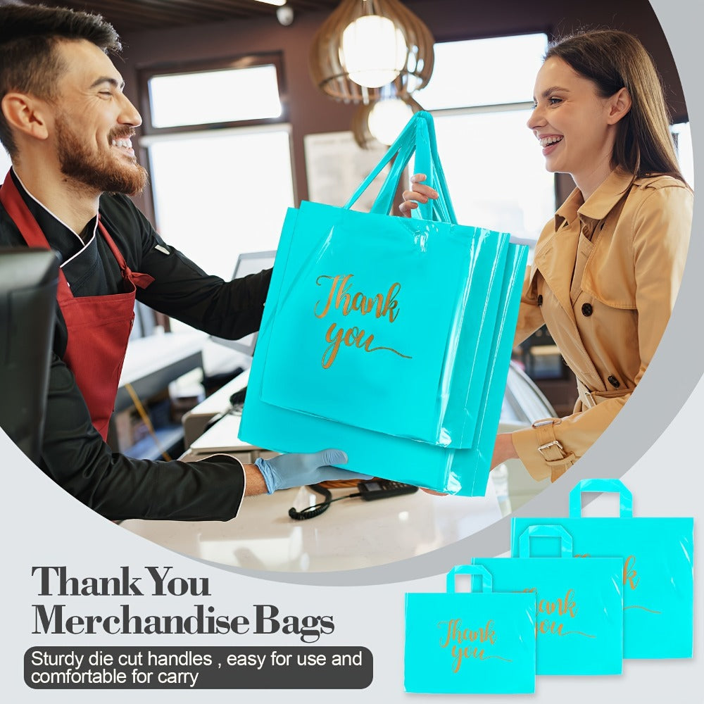 Sky Blue Thank You Plastic Shopping Bags, 200-Piece Set in 9 x 12, 12 x 15 and 15 x 18 Inch Sizes with Handles