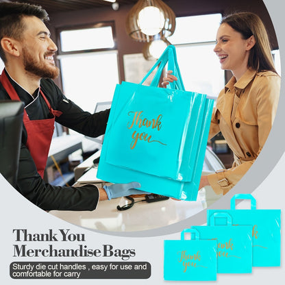 Sky Blue Thank You Plastic Shopping Bags, 200-Piece Set in 9 x 12, 12 x 15 and 15 x 18 Inch Sizes with Handles
