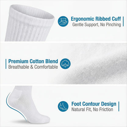 Multicolor Diabetic Crew Socks 12 Pairs Cotton Non-Binding Neuropathy Seamless Cushioned Loose Fit for Men Women Sensitive Feet Edema White Black Grey Size 9-11 10-13