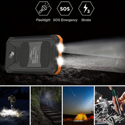 42800mAh Solar Power Bank Wireless Charging with 4 Built-In Cables – 6 Output Ports 15W Fast Charge Dual LED Flashlight Portable Battery Pack for iPhone Samsung Android Camping Travel Emergency