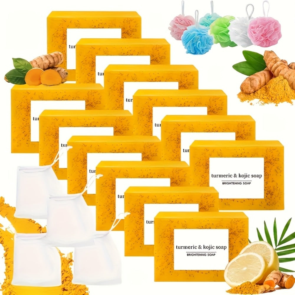 Turmeric Kojic Acid Brightening Soap Handmade Lemon Cold Process Deep Cleansing Hydrating Bar for Face & Body All Skin Types – Bundle Sets with Liquid Soap & Face Wash, Skincare Gift for Women