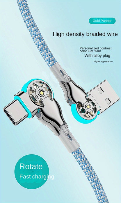 Double-Elbow USB-C to USB-C Cable with Rotating Right-Angle Connectors, Blue LED Accents and 2 m Length