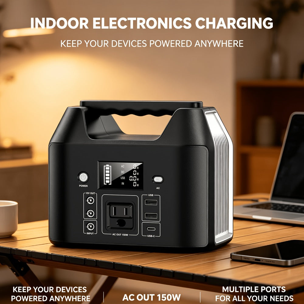 Portable Power Station 256Wh 300W Compact Unit with AC, DC, USB Outputs and Multi-Mode LED Light