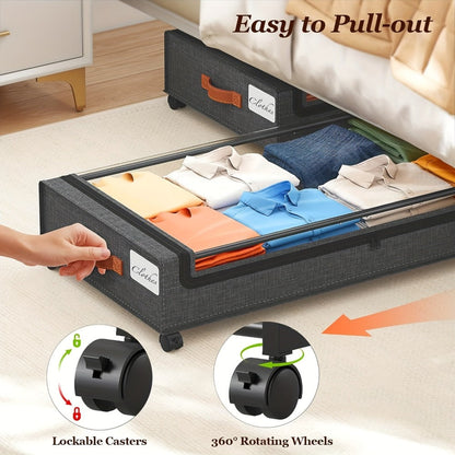 Under Bed Storage Box with Wheels 2 Pack – Sliding Drawer Organizer for Clothes, Shoes, Blankets, Books & Bedding