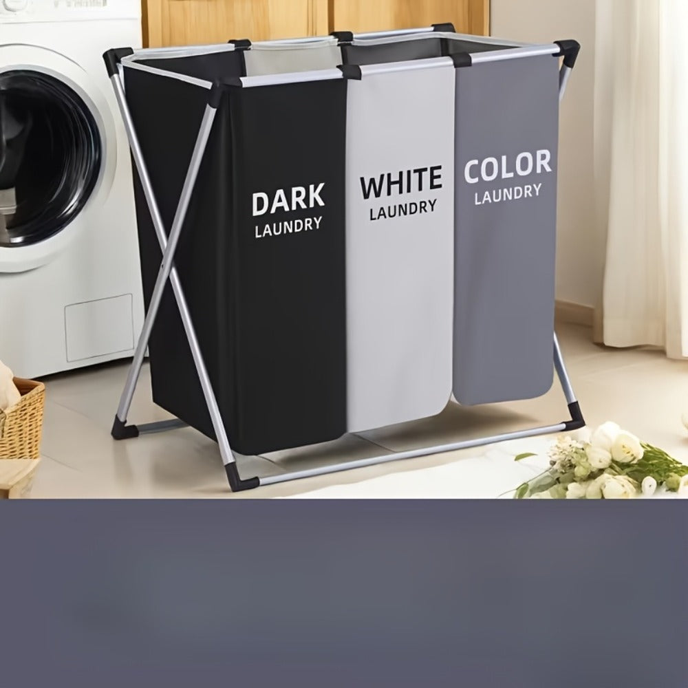 Three-Section Laundry Hamper Sorter with Black, White and Gray Oxford-Fabric Bags and Foldable Frame