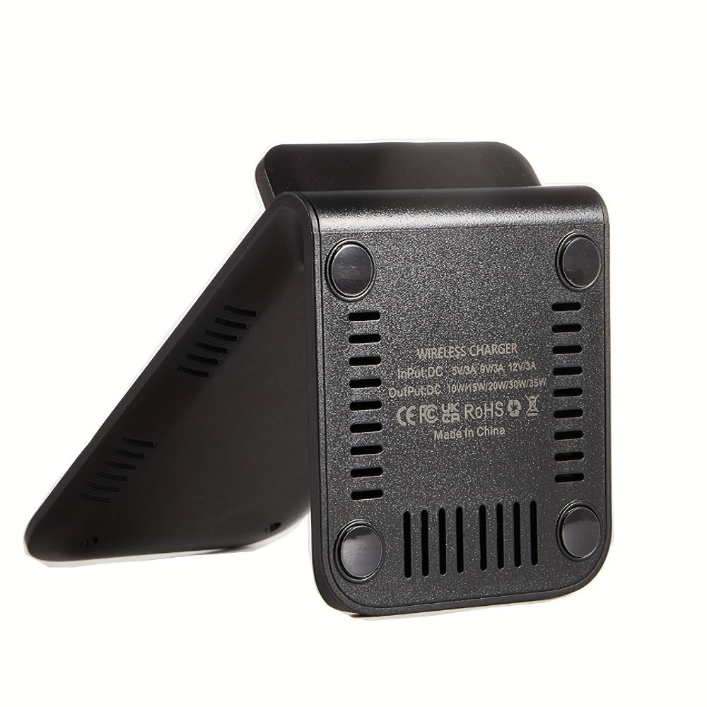 Black Dual-Coil Wireless Charging Stand with Vertical or Horizontal Support and 19 Device Labels