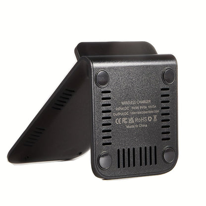 Black Dual-Coil Wireless Charging Stand with Vertical or Horizontal Support and 19 Device Labels