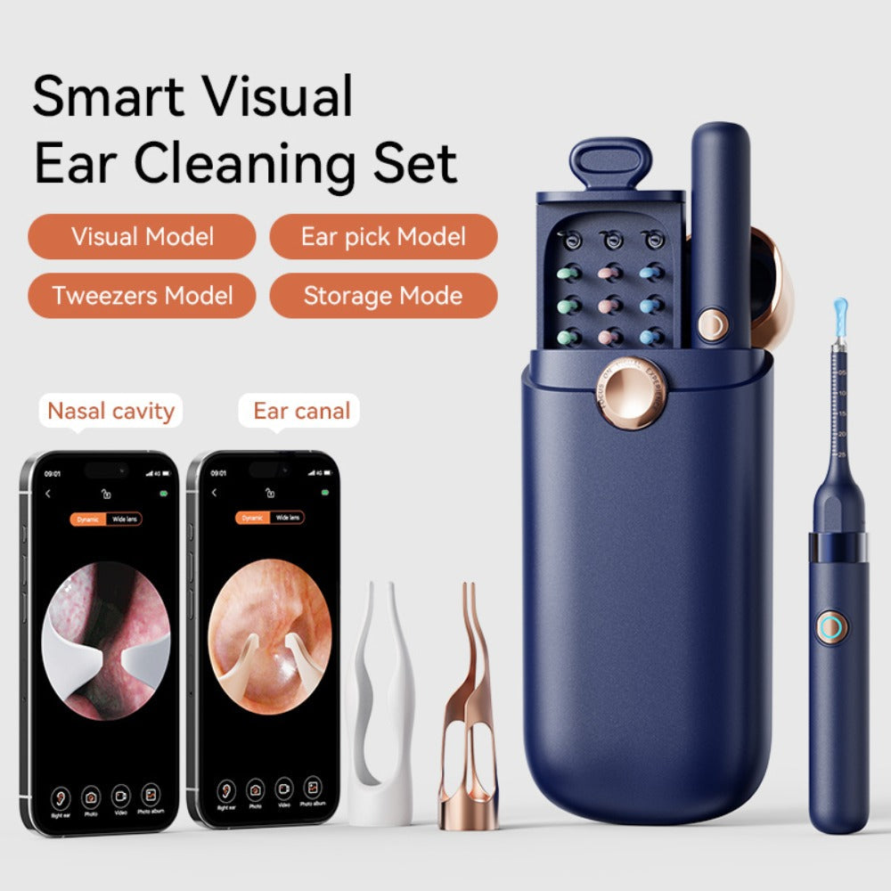Rechargeable Camera Ear Cleaning Set with LED Light, Silicone Tips, Storage Case and Creamy White or Blue Finish