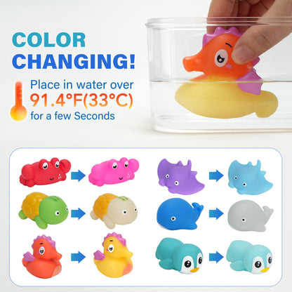 Six-Piece No-Hole Color-Changing Sea Animal Bath Toy Set with Six Shapes for Supervised Water Play