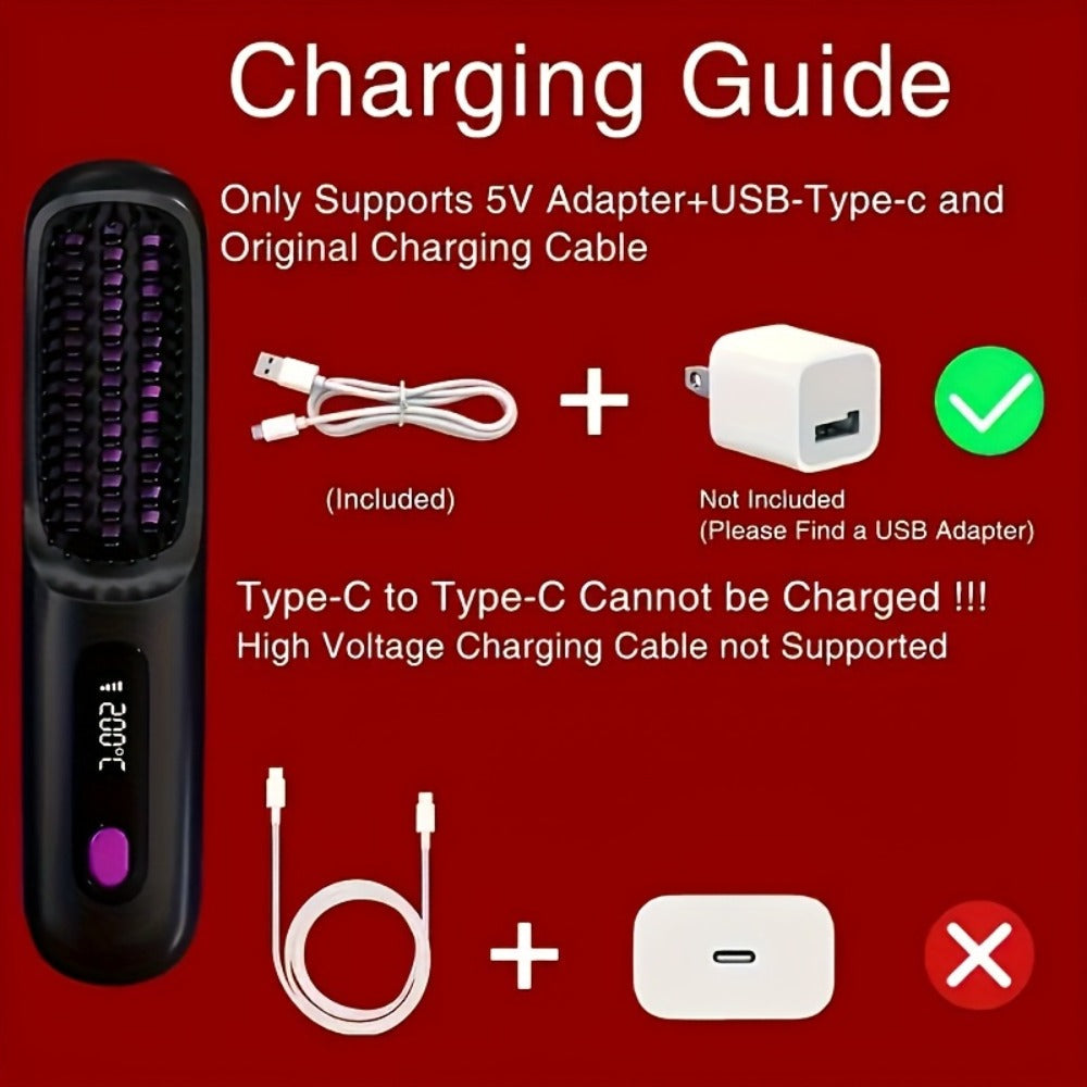 Cordless Hair Straightening Brush with USB-C Charging, Three Heat Levels and Black or White Options
