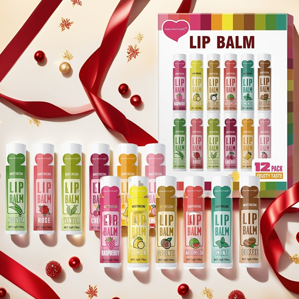 12-Piece Tube Lip Balm Set with 12 Pictured Fruit and Botanical Flavor Labels in a Display Box