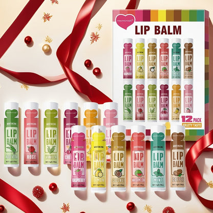 12-Piece Tube Lip Balm Set with 12 Pictured Fruit and Botanical Flavor Labels in a Display Box