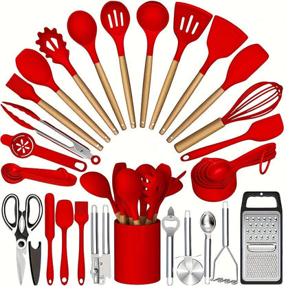 35- or 36-Piece Silicone Kitchen Utensil Set with Holder in Black, Pink or Red, with Optional Glass Cup