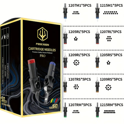 Tattoo Cartridge Needles 50pcs Mixed Size – POSEIDON V5 Disposable Round Liner, Shader & Curved Needles (5RL 7RL 9RL 5RS 7RS 9RS 7RM 7M1 15M1 15RM) with Safety Membrane
