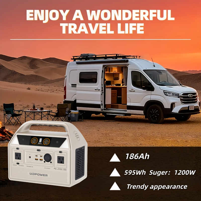 Portable Power Station 595Wh 600W with LiFePO4 Cell Pack, Nine Outputs, USB-C PD and 1200W Surge