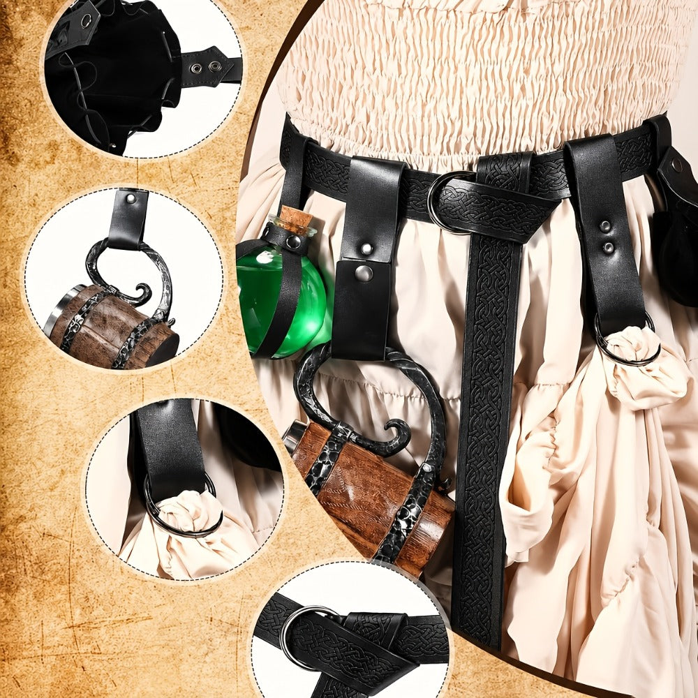 Costume Accessories 5-Piece Medieval Belt Set with Harness, Pouch, Bottle Holder and Two Color Options