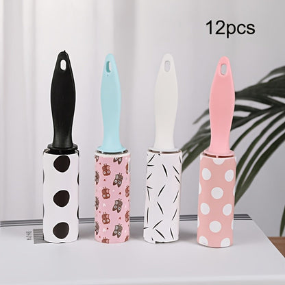 12-Piece Mini Portable Lint Roller Set with Patterned Covers for Clothing, Bags, Furniture and Travel