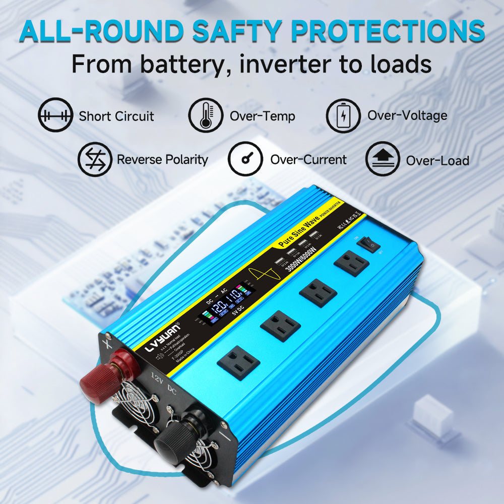 Blue 12V or 24V DC to 110V AC Power Inverter with LCD, Four AC Receptacles and Remote Presentation