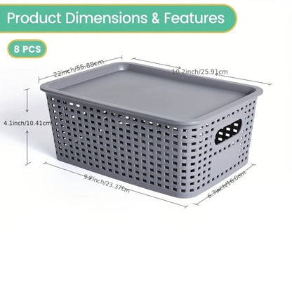 Storage Organizer Bins with Lids 4/8 Pack | Space-Saving Stackable Boxes 10"x7"x4" for Shelves, Closet & Desk - Declutter Bins for Dorm, Playroom & Office with File Organizer Bag, White Black Gray Red
