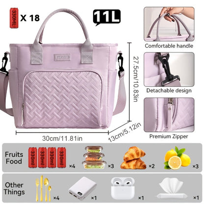 11L Quilted Lunch Bag Tote with Front Zipper Pocket, Side Tissue Pocket, Strap and Four Colors