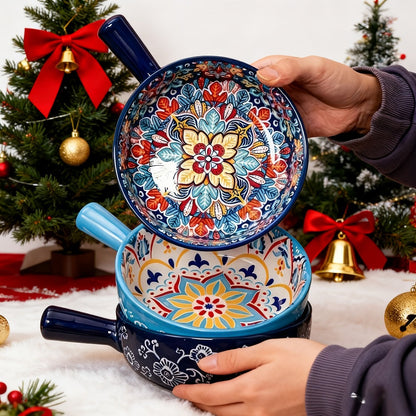 Four-Piece Bohemian-Style Ceramic Bowl Set with Handles in Light Blue, Blue, Red and Yellow