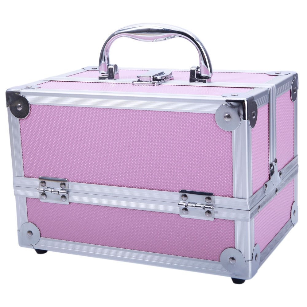 Tabletop Makeup Carry Case with Mirror, Fold-Out Trays and Dividers in Black, Silver or Pink