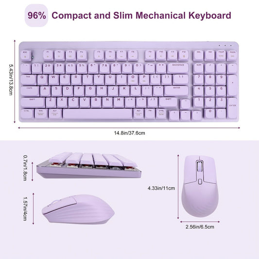 LeadsaiL FA98 Low Profile Wireless Mechanical Keyboard and Mouse Combo – 2.4GHz 98-Key 96% Slim Red Switch Silent Mouse, Ergonomic Design for Windows & Mac | Aesthetic Colors Purple, Silver & Pink