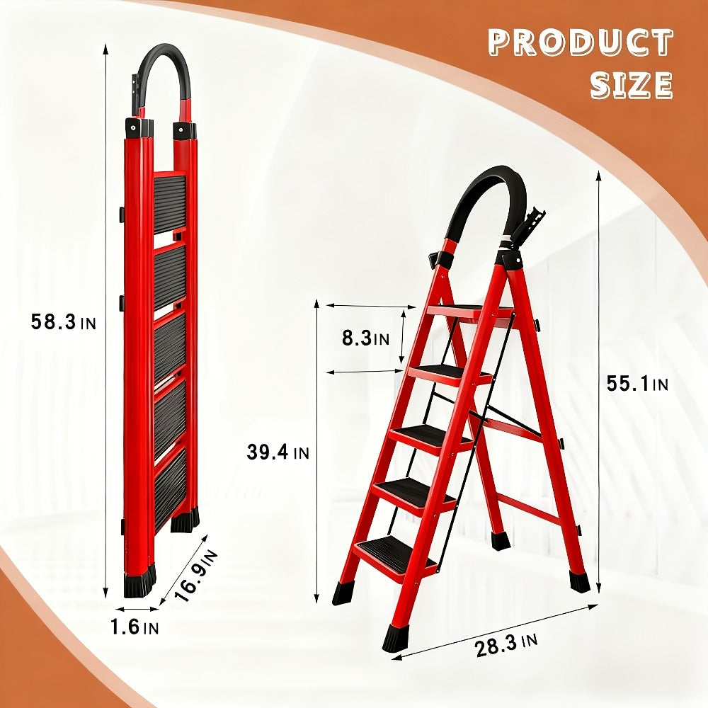 Red Five-Step Folding Ladder, 55.1 Inches Open with Padded Handrail, Side Tool Holder and Ribbed Treads