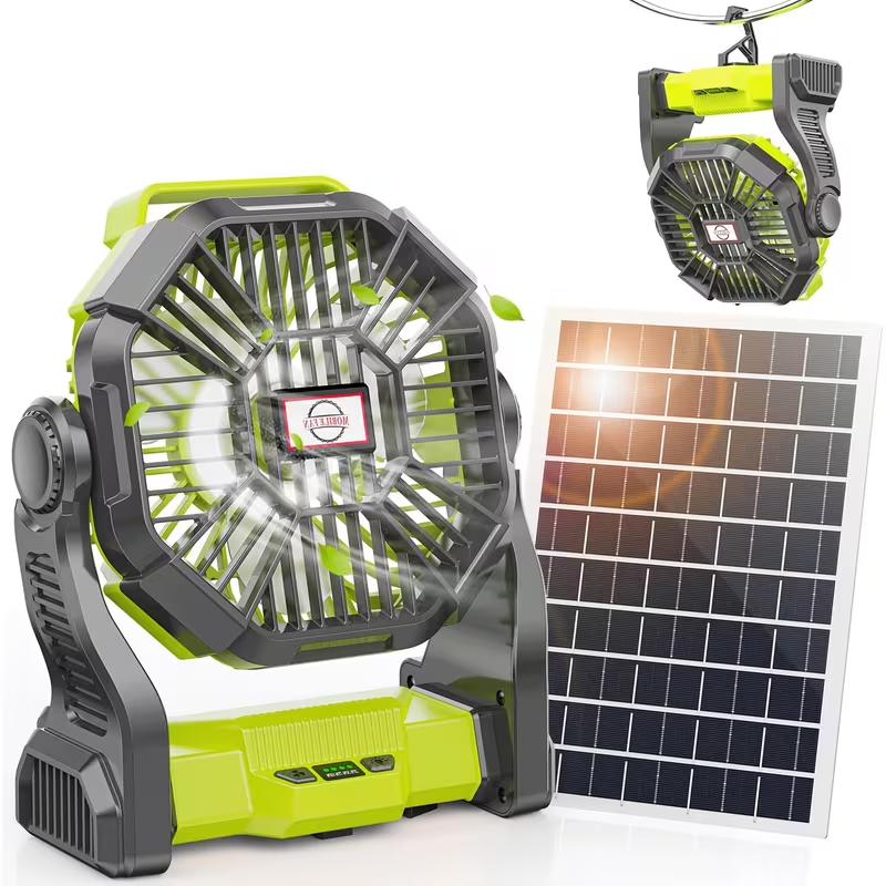 Camping Fan Rechargeable 20000mAh with Misting Solar Panel RGB Mood Light 4-Speed Tent Hook Phone Charging Portable Outdoor Fan