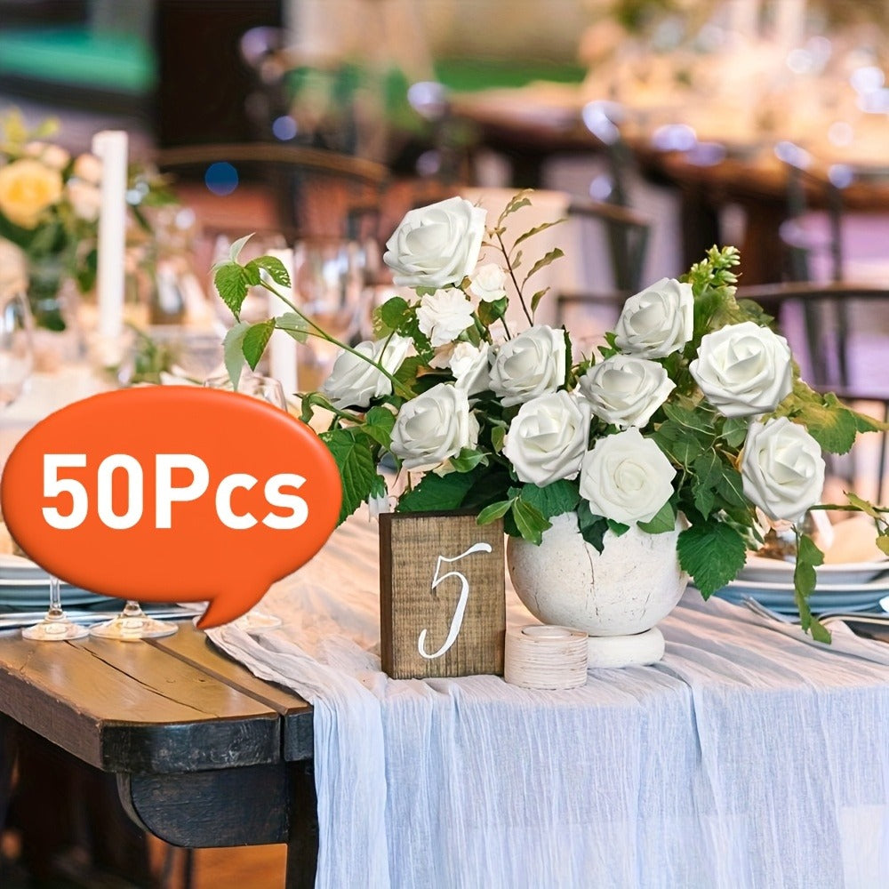 Artificial Flowers 50-Piece White Silk-Style Rose Set with Stems for Wedding Bouquets and DIY Decor