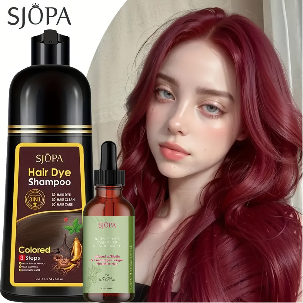 Hair Dye Shampoo, SJOPA 500ml Bottle and Rosemary Hair Oil Set with Seven Color Options for At-Home Color Selection