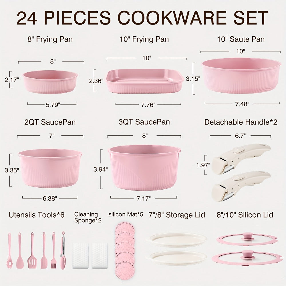 Detachable-Handle Cookware Set in 5-, 7- or 24-Piece Configurations with Stackable Pots, Pans and Lids
